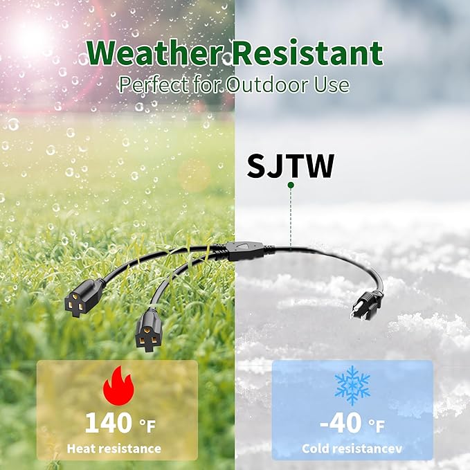 Elecan 3-Prong Y Splitter Power Extension Cord 1 FT/2 Pack, Straight Plug 1 to 2 Way Outlet Space Saver, Heavy Duty Weatherproof SJTW, 16AWG 13A, 5-15P Cable Extender for Indoor Outdoor-UL