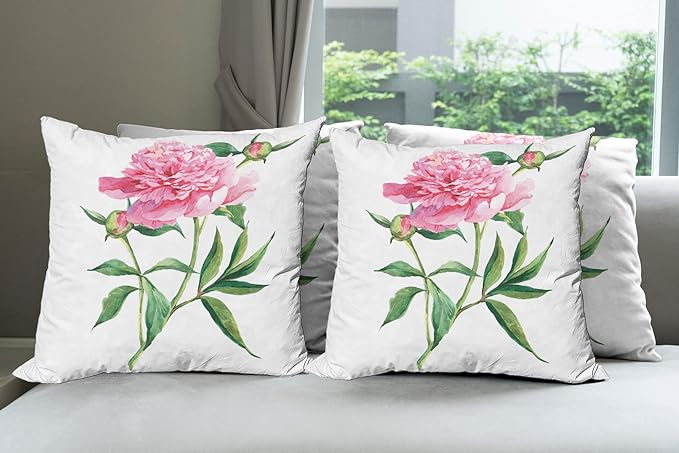 Ambesonne Watercolor Flower Throw Pillow Cushion Case Pack of 4, Vintage Peony Painting Botanical Spring Garden Flower Nature Theme, Modern Accent Double-Sided Digital Printing, 18", White Pink