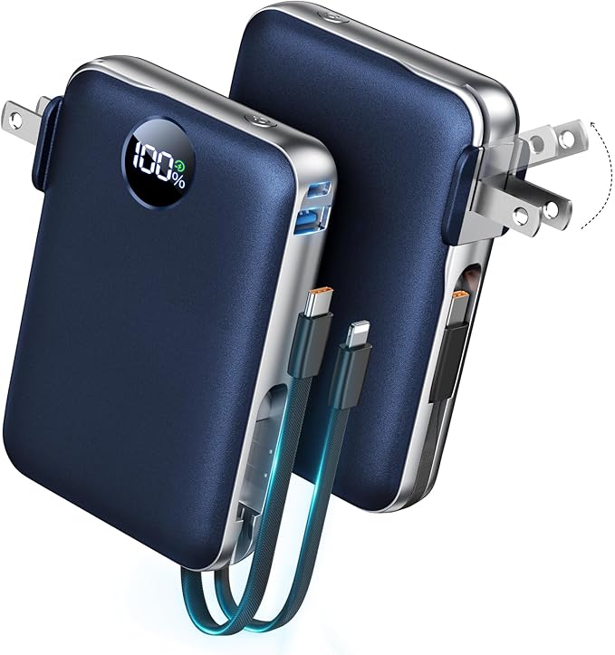 Portable Charger with Built-in Cables & Wall Plug, 10000mAh Power Bank, 4 Outputs 22.5W USB C Fast Charging, Slim Travel Battery Pack with LED Display for iPhone 17/16/15/14, DarkBlue