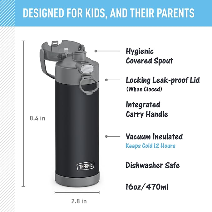 THERMOS FUNTAINER 16 Ounce Stainless Steel Vacuum Insulated Bottle with Wide Spout Lid, Matte Charcoal