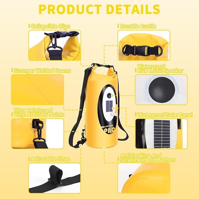 FELICON Solar/Battery Powered Multi-Functional Backpack with Bluetooth Speaker,IP66 Waterproof Dry Bag,Heavy Duty Roll Top Closure,Large Capacity Bag for Camping,Hiking,Traveling (Yellow 20L)