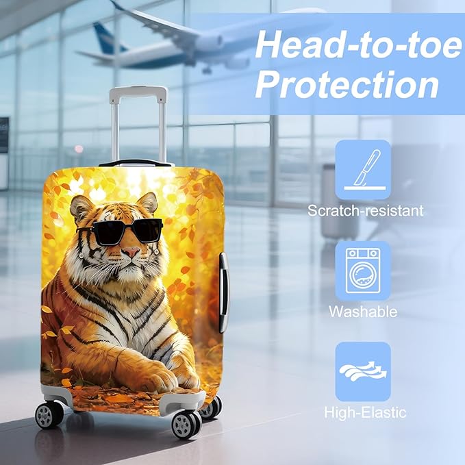ANNA QUEEN Funny Cool Tiger Travel Luggage Cover -Stretchable Airplane Suitcase Protector Sleeve,Universal Washable Fit for 20-22 Inch Checked Baggage,Water Resistant Durable Luggage Protector