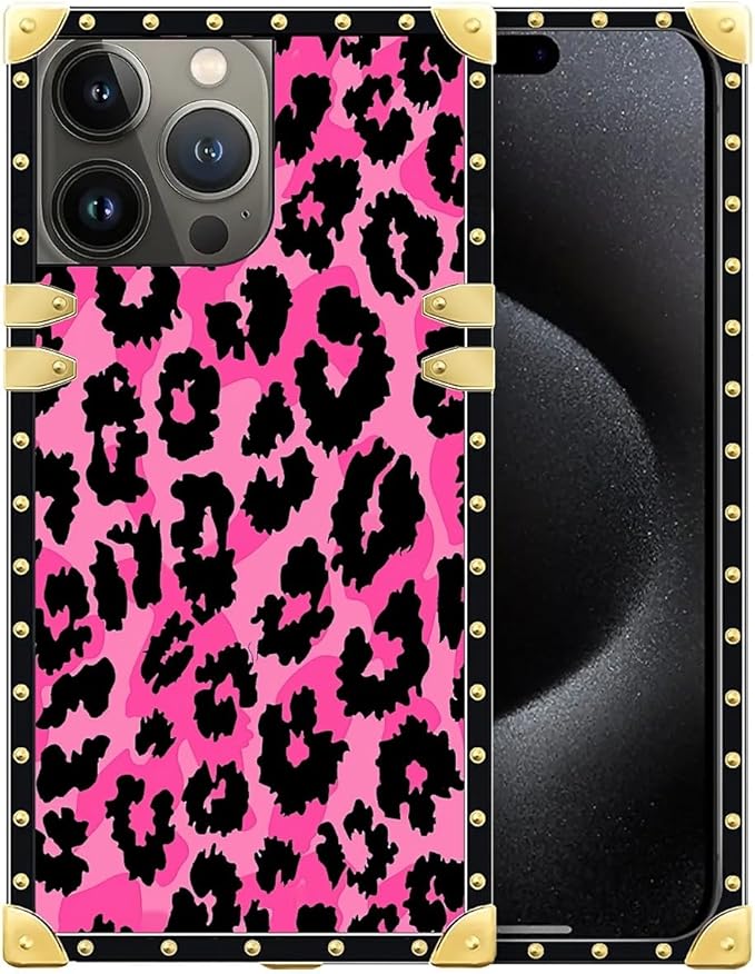 Compatible with iPhone 16 Pro Max Case, Pink Black Leopard Luxury Golden Decoration for Girl Women Soft TPU Shockproof Protective Hard PC Back