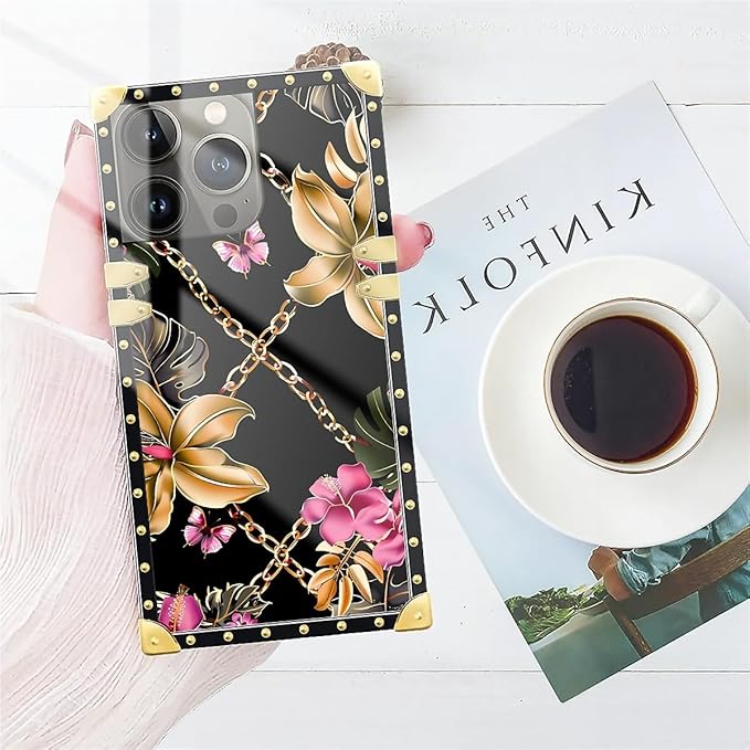 Compatible with iPhone 13 Pro Case, Pink Golden Chain Tropical Flower Luxury Golden Decoration for Girl Women Soft TPU Shockproof Protective Hard PC Back for iPhone 13 Pro