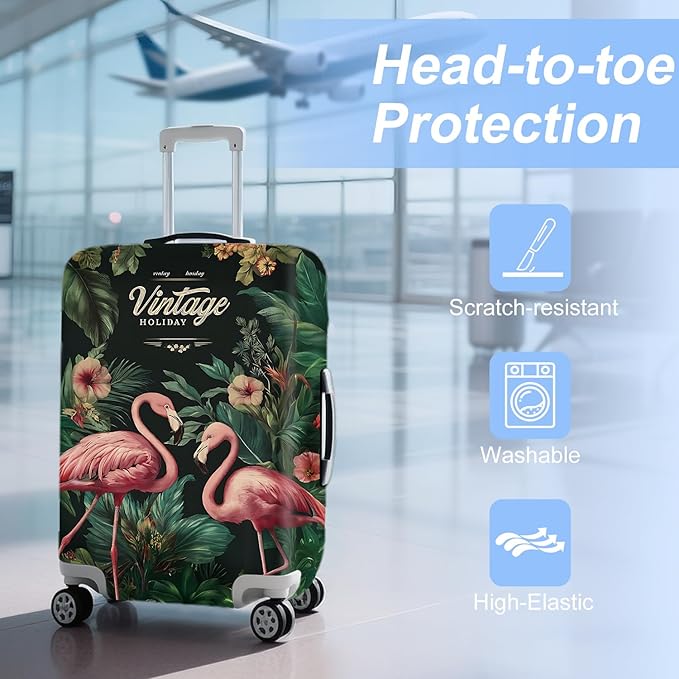 ANNA QUEEN Tropical Pink Flamingos Travel Luggage Cover -Stretchable Airplane Suitcase Protector Sleeve,Universal Washable Fit for 28-30 Inch Checked Baggage,Water Resistant Durable Luggage Protector