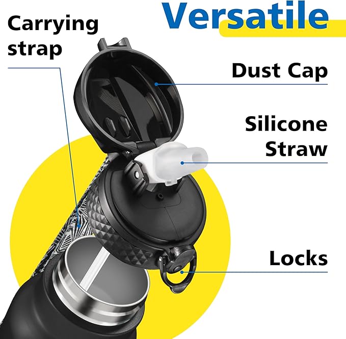Han's Bottle Kids Water Bottle with Straw Lid - Insulated Stainless Steel Reusable Tumbler for Girls,Boys,Thermo Mug,12oz,Black
