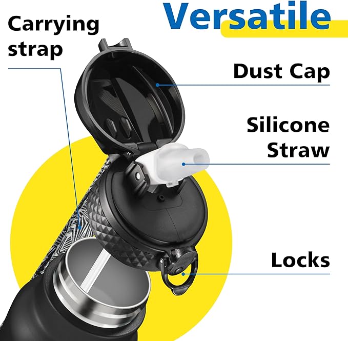 Han's Bottle Kids Water Bottle with Straw Lid - Insulated Stainless Steel Reusable Tumbler for Girls,Boys,Thermo Mug,17oz,Black