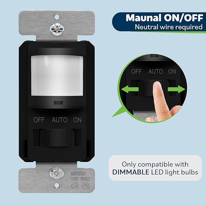 TOPGREENER in Wall PIR Motion Sensor Light Switch, Occupancy Sensor Switch, 𝐍𝐞𝐮𝐭𝐫𝐚𝐥 𝐖𝐢𝐫𝐞 𝐑𝐞𝐪𝐮𝐢𝐫𝐞𝐝, On/Off Override, 𝐒𝐢𝐧𝐠𝐥𝐞 𝐏𝐨𝐥𝐞, 4A, 500W, TSOS5-BKWP,Black,4 Pack