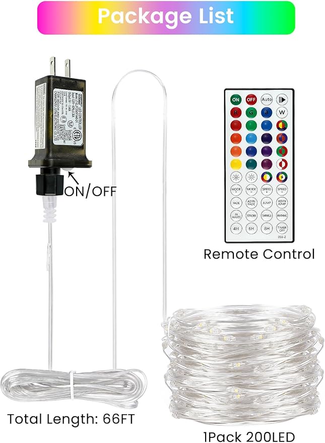 66Ft 200 LED RGB Color Changing 4th of July Fairy Lights Plug in, Waterproof String Lights with Remote for Outdoor Indoor, 24 Colors Twinkle Lights with Timer for Independence Day Patriotic Decoration