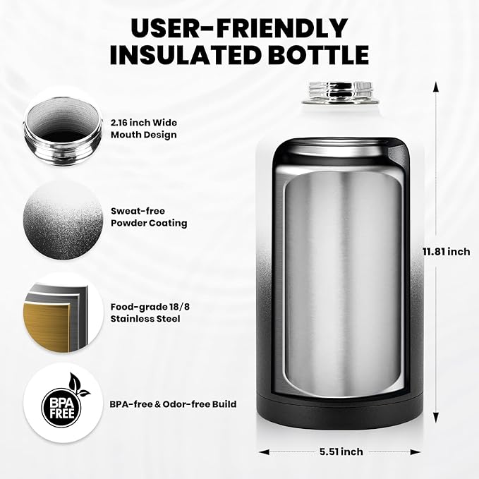 RAYMYLO One Gallon Water Bottle Insulated, Triple Walled Vacuum Stainless Steel (Cold for 48 Hrs), Leak Proof & Non-BPA, Large Water Flask Jug with Paracord Handle & Straw Spout Lids