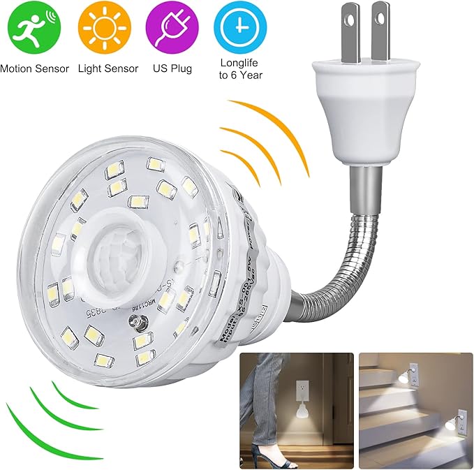 Plug in Motion Sensor Night Light Indoor, PIR Infrared Motion-Activated LED Night Light for AC Outlet,Dusk to Dawn Sensor Smartlight,360° Directional Rotating for Garage Stairway, 5W White, 1 PCS