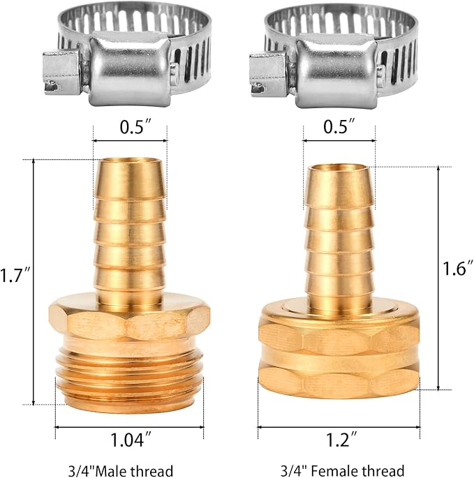 Brass Garden Hose Connector Repair Mender Kit with Stainless Clamp,Fits 1/2" Water Hose Fitting (1/2" Barb x 3/4" GHT)