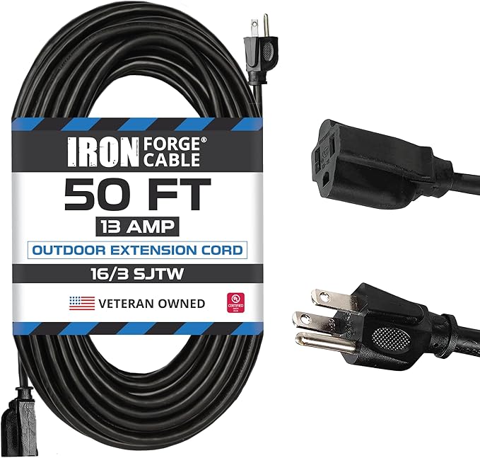 Iron Forge Cable Black Outdoor Extension Cord 50 ft, 16/3, 50 Foot Outdoor Extension Cord, 3 Prong, Weatherproof - Great for Outside Use