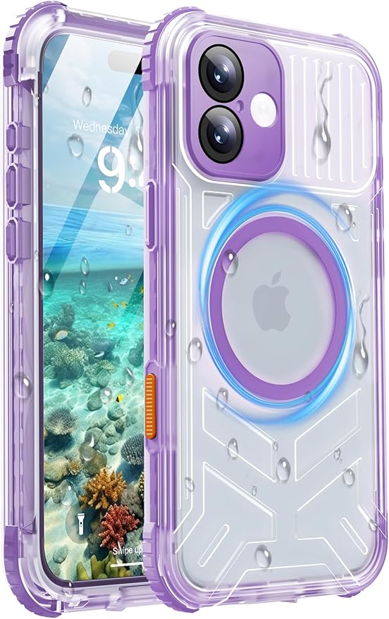 for iPhone 16 Waterproof Case with Magsafe, Built-in [Camera & Screen Protector] [Lanyard], IP68 Water Proof Full Body Dustproof Heavy Duty Frosted Protective Phone Cover, 6.1" Purple