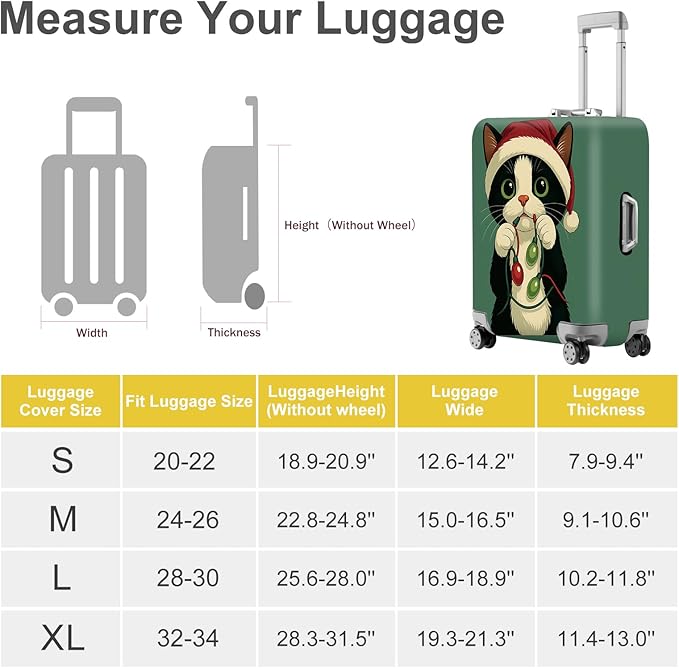 ANNA QUEEN Christmas Cat Luggage Cover, Cute Santa Cat with Light String Suitcase Protector, Stretchable Washable Travel Sleeve for 32-34 Inch Luggage