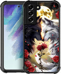 for Samsung Galaxy S22 Case, Black White Wolf Moon Flower Rose Pattern Graphic Design Girl Boy Soft Silicone Hard Acrylic Shock Protection for Samsung Galaxy S22