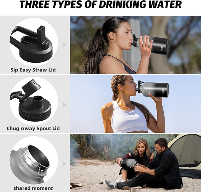 64oz Insulated Water Bottle (Cold for 48 Hrs),BPA Free&Leak Proof,Half Gallon Stainless Steel Water Flask,Water Jug with Straw Spout Lids for Gym,Hiking,Camping,Grey Black