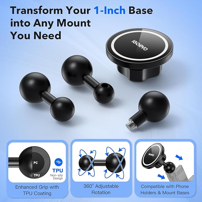1-Inch (B Size) Ball Adapter Kit for RAM Mounts – Includes 20mm Ball Adapter, 17mm Ball Adapter, 1/4"-20 Stud, and Magnetic Phone Holder