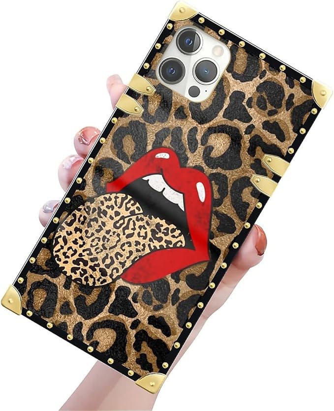 Compatible with iPhone 12 12 Pro Case, Brown Leopard Print Mouth Luxury Golden Decoration for Girl Women Soft TPU Shockproof Protective Hard PC Back for iPhone 12 12 Pro