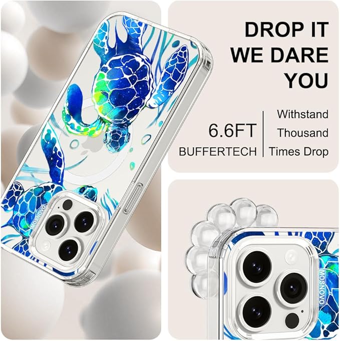 MOSNOVO Case for iPhone 15 Pro Max, [Buffertech 6.6ft Military-Grade Drop Protection] [Anti Peel Off Tech] Clear TPU Bumper Phone Case Cover Design - Sea Turtles