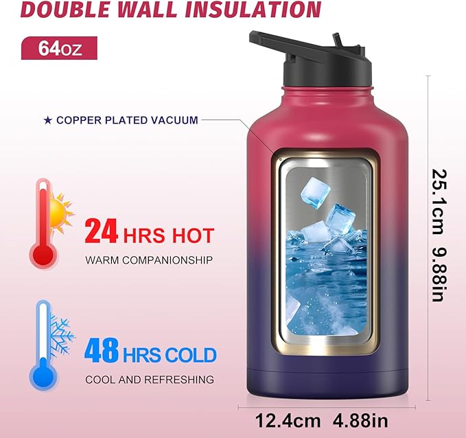 64oz Insulated Water Bottle (Cold for 48 Hrs),BPA Free&Leak Proof,Half Gallon Stainless Steel Water Flask,Water Jug with Straw Spout Lids for Gym,Hiking,Camping,Red Purple