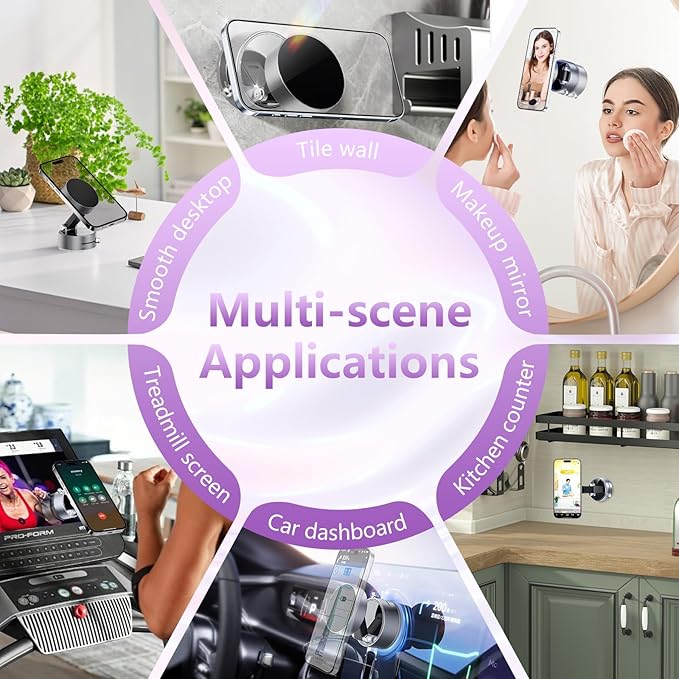 Vacuum Magnetic Phone Holder,Foldable Magnetic Suction Phone Mount,360° Rotation Car Phone Holder,Cell Phones Car Accessories,Hands-Free Phone Holders Suitable to Mirror,Gym,Kitchen (Grey)