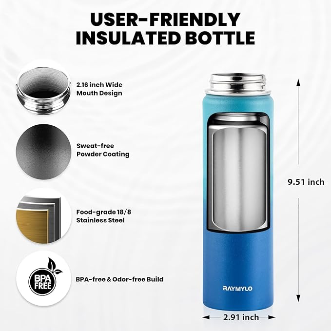 RAYMYLO Insulated Water Bottle 20 oz, Triple Wall Vacuum Stainless Steel (Cold for 24Hrs, Hot for 12Hrs), Leak Proof & Non-BPA, Kids Water Bottle Jug for School with Straw Spout Lids