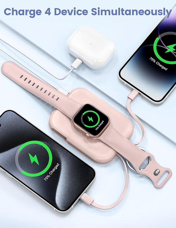 RORRY Portable Charger, 5000mAh Portable Charger Power Bank with Built-in Cables, Travel Keychain Battery Pack for Apple Watch Ultra/11/10/9/8/7/6/SE, iPhone Air/17/16/15/14/13/12, Pink