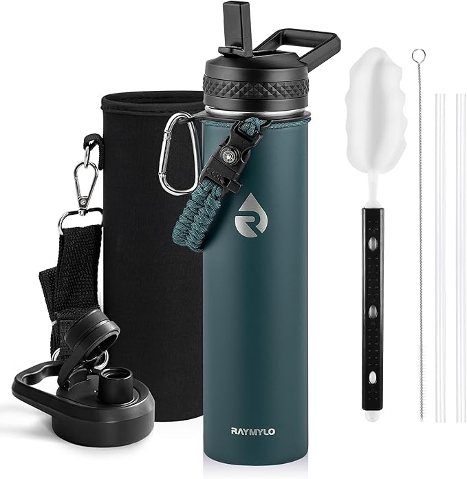 RAYMYLO Insulated Water Bottle 24oz, Triple Wall Vacuum Stainless Steel (Cold for 24Hrs, Hot for 12Hrs), Leak Proof & Non-BPA, 24oz Hydro Water Flask with Paracord Handle & Straw Spout Lids