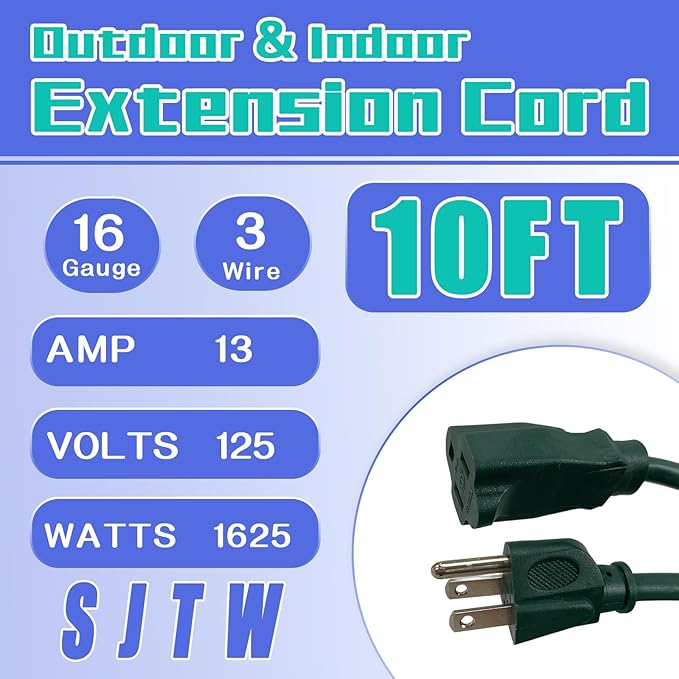 Indoor Outdoor Extension Cord 10 FT, 16/3 SJTW Weatherproof Green Electrical Cords, 13 AMP Heavy Duty 3 Prong Power Cable Great for Garden, Landscaping & Holiday Decorations