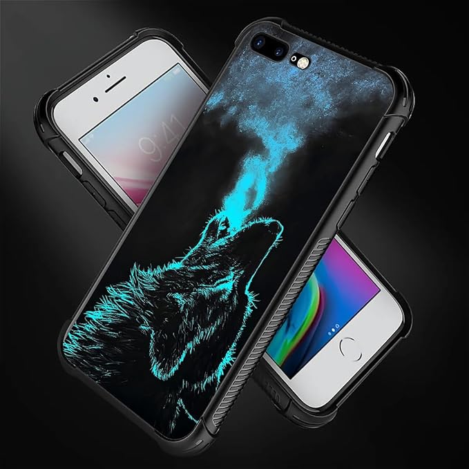 for iPhone 7 Plus/8 Plus Case, Blue Breathing Wolf Pattern Graphic Design for Girl Boy, Soft Silicone Hard Acrylic Shock Protection