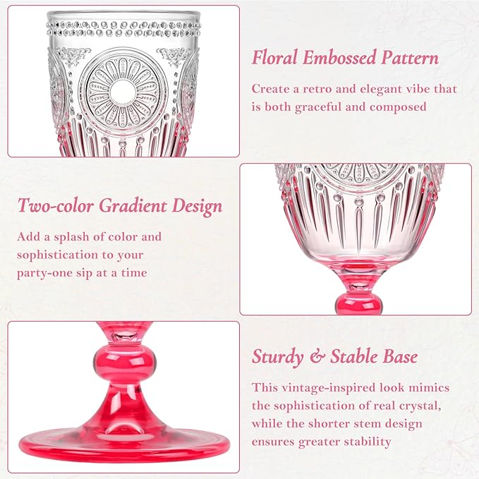XUWAIDSGN 24Pcs Plastic Vintage Wine Glasses 13.5oz Reusable Embossed Goblet Glasses Pink Gradient Retro Wine Glassware Unbreakable Stemmed Champagne Water Cups for Wine Cocktail Juice Wedding