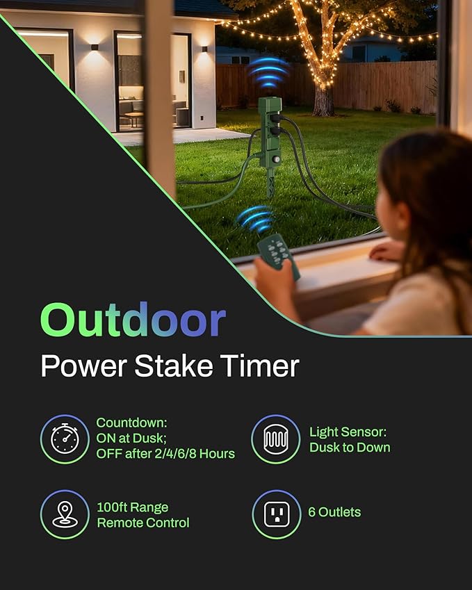 BN-LINK Outdoor Power Stake Timer, 100FT Wireless Remote Control, Dusk to Dawn Sensor for Outdoor Lights, 6 Grounded Outlets, 6ft Extension Cord, 1875W/15A,Christmas Decorations, ETL Listed