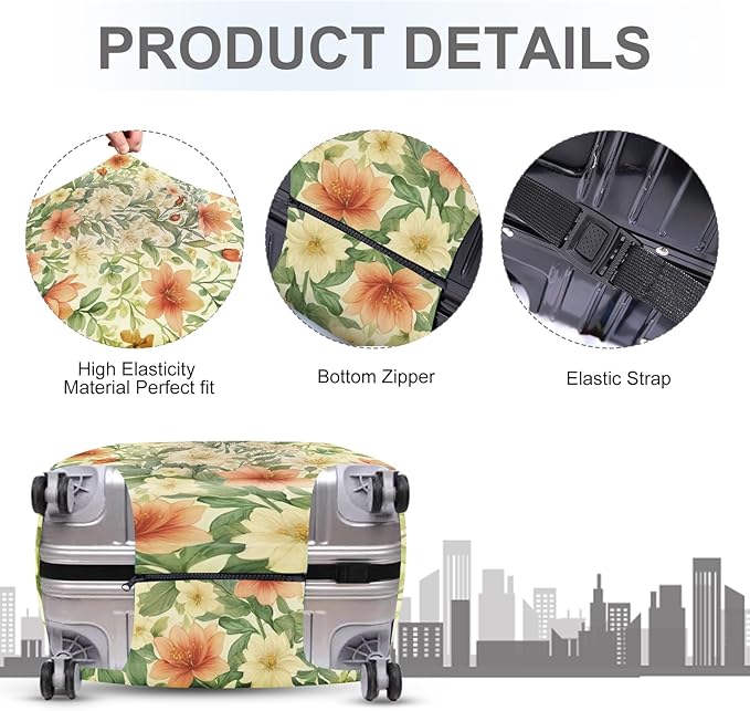 ANNA QUEEN Floral Botanical Luggage Cover, Vintage Flower Suitcase Protector, Washable Stretchable Travel Cover for 32-34 Inch Luggage