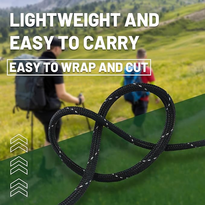 SDHUATUO Paracord Rope 100FT, 550lb Type III Nylon Parachute Cord 7-Strand Core with Reflective Strips, Utility String for Survival, Camping Gear, Hiking, DIY, Crafting, Outdoor, Black