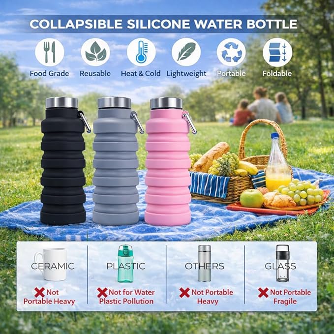 Collapsible Water Bottles,16oz Capacity Portable Reusable Silicone Water Bottle,Leak-proof,with buckle,foldable storage,Lightweight Durable for Fitness,Cycling,Sports,Camping,Hiking (Grey+Pink)