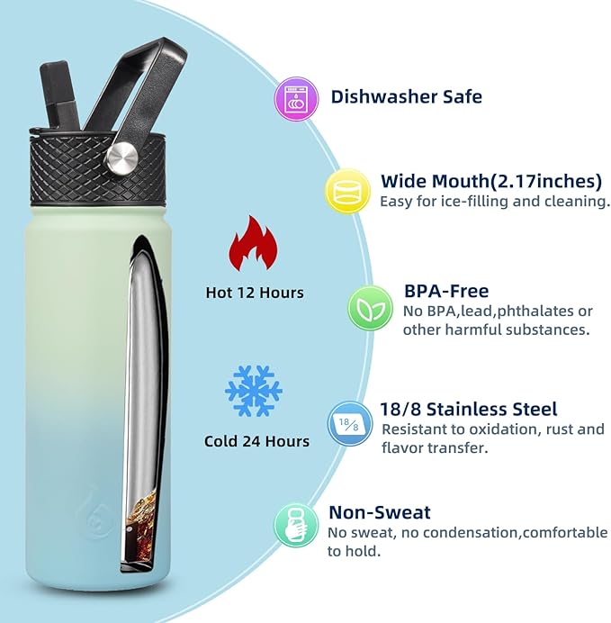 BJPKPK Insulated Water Bottles with Straw Lid, 22oz Cold & Hot Thermo, Stainless Steel Metal Water Bottle with 3 Lids, Reusable Thermo, Cups, Mugs for Daily Use-Mint