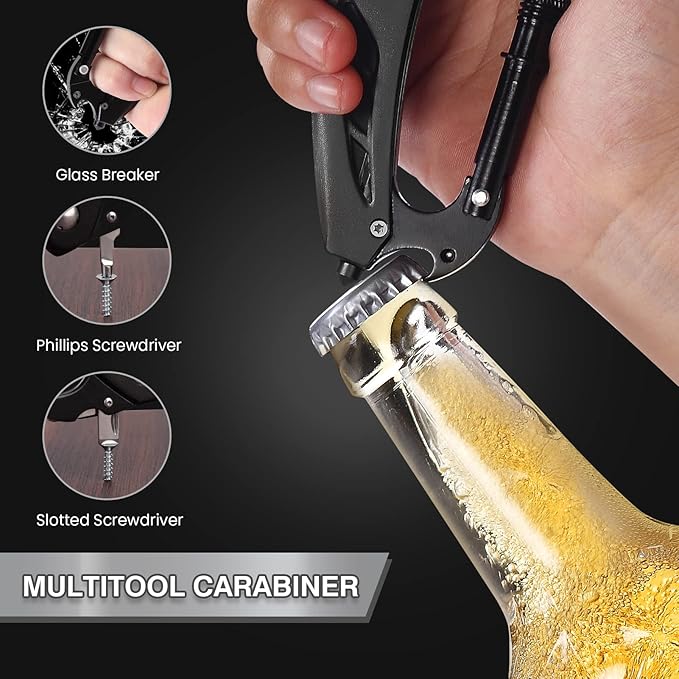 FUNBRO Multitool Carabiner with Pocket Knife, Stocking Stuffers Gifts for Men, EDC Carabiners with Folding Knives, Bottle Opener, Window Breaker and Screwdriver, Survival Gear for Camping Hiking
