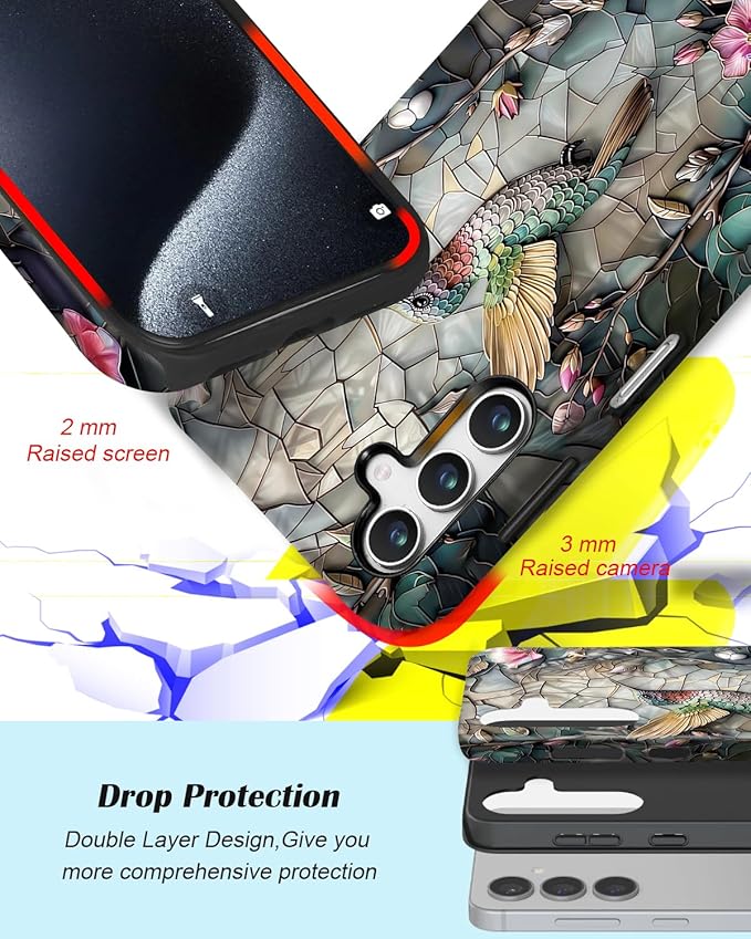 Compatible for Samsung Galaxy A37 5G Case, Dual Layer Heavy Duty 2 in 1 Shockproof Protective Phone Case,Stained Glass Hummingbird Floral