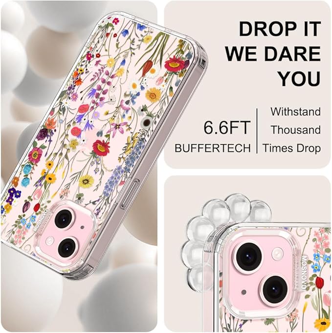 MOSNOVO Case for iPhone 15, [Buffertech 6.6ft Military-Grade Drop Protection] [Anti Peel Off Tech] Clear TPU Bumper Phone Case Cover Design - Wildflower Meadow