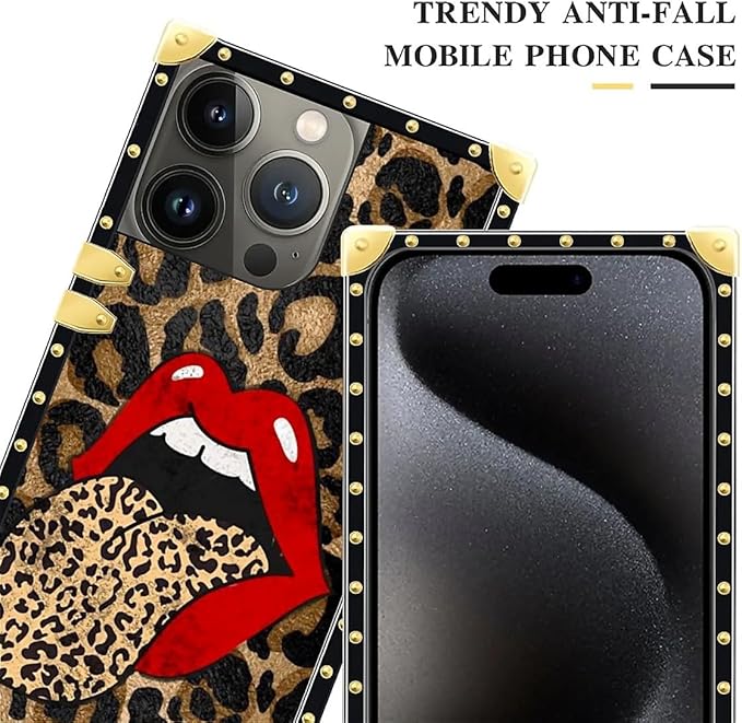 Compatible with iPhone 16 Pro Max Case, Brown Leopard Print Mouth Luxury Golden Decoration for Girl Women Soft TPU Shockproof Protective Hard PC Back for iPhone 16 Pro Max