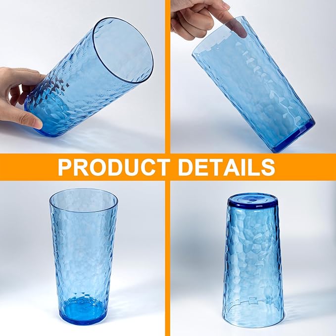 24-ounce Plastic Tumblers, Acrylic Drinking Glasses High-Balls, set of 8 Multicolor Reusable Plastic Cups, Hammered Style Stackable, BPA-Free, Shatter-Proof, Dishwasher-Safe