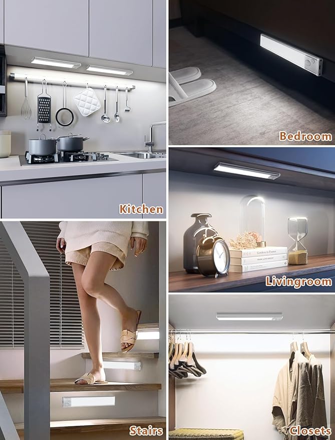 Under Cabinet Rechargeable Lighting: 10 Inch Motion Sensor Dimmable Lights Indoor - Battery Operated Lights - Wireless Closet Light Magnetic Led Light for Kitchen Home Bathroom Counter 5 Pack