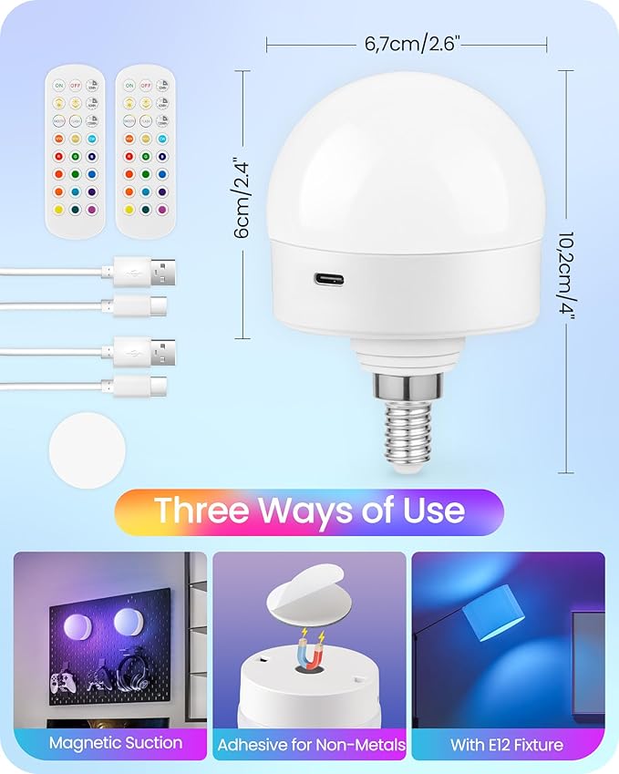 Rechargeable Light Bulbs with Remote Control, 2 Pack E12 Base Battery Operated Light Bulbs, 3 Timer 15 Colors Selectable, Dimmable Wireless RGB LED Bulb for Lamp, Non-Hardwired, R08YBP205