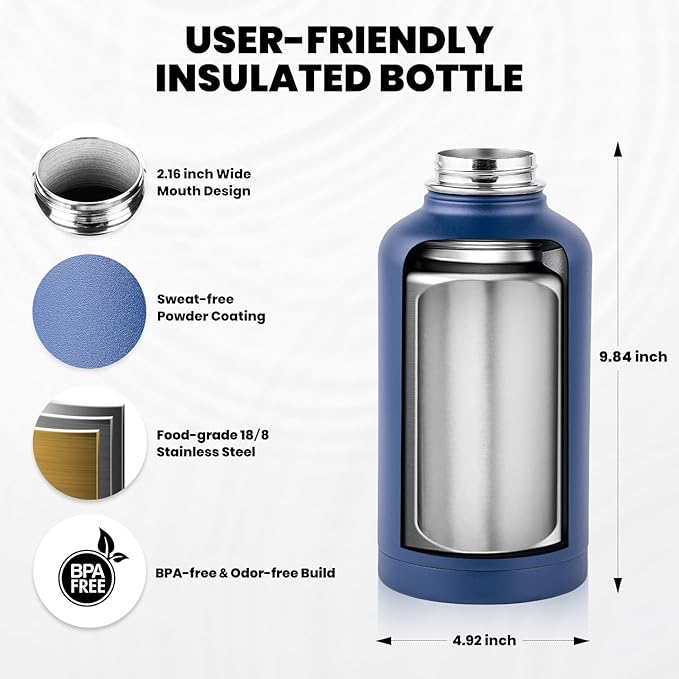 RAYMYLO Insulated Water Bottle 64 oz, Triple Wall Vacuum Stainless Steel (Cold for 48 Hrs), Leak Proof & Non-BPA, Half Gallon Water Flask Jug with Paracord Handle & Straw Spout Lids, Navy Blue