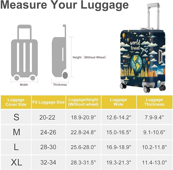 ANNA QUEEN World Travel Luggage Cover, Adventure Theme Suitcase Protector, Stretchable Washable Cover for 24-26 Inch Luggage