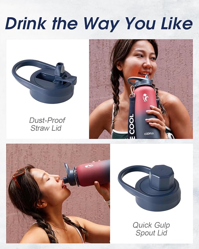 Coolflask Water Bottle with Straw, 32 oz Insulated Metal Water Flask with Straw & Spout Lids, Stainless Steel Double Wall Vacuum, Keep Cold 48h Hot 24h, Leak Proof, BPA-Free, Wine/Navy