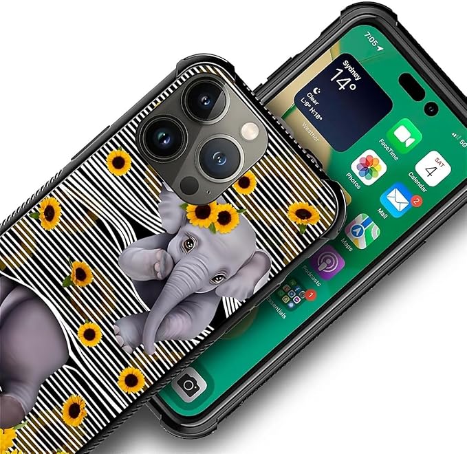 for iPhone 13 Pro Max Case, Cute Little Elephant Sunflower White Line Art Pattern Graphic Design Girl Boy Soft Silicone Hard Acrylic Shock Protection for iPhone 13 Pro Max
