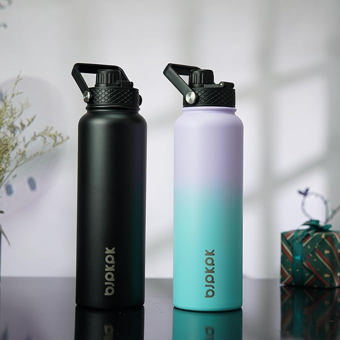 BJPKPK 2 Pack Insulated Water Bottles with Straw Lids, 40oz Stainless Steel Metal Water Bottle with 6 Lids, Leak Proof BPA Free Jugs, Cups, Flasks for Travel, Sports (Lavender Green+Black)