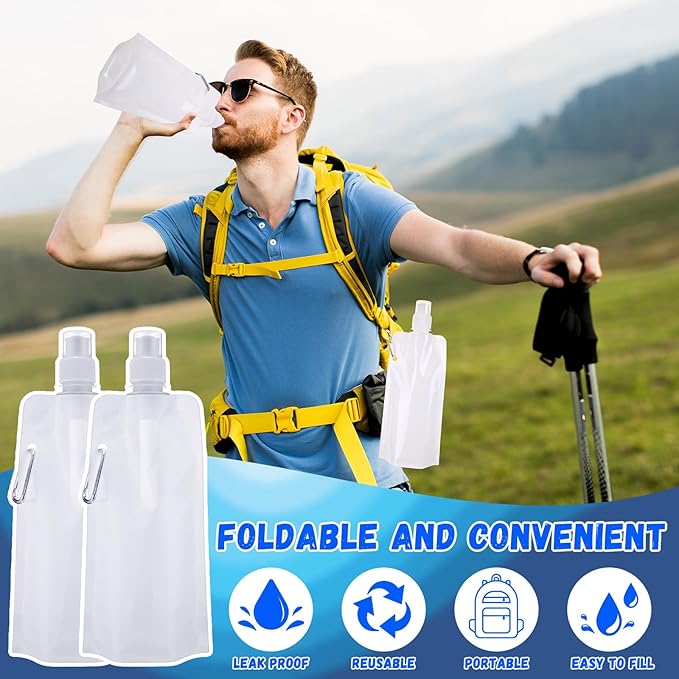 Teenyyou 24 Pack Collapsible Water Bottles Bulk 16oz Foldable Water Bottles with Carabiner Reusable Drinking Leak Proof Container Bags for Sport Biking Hiking Camping Travel Outdoor (White)